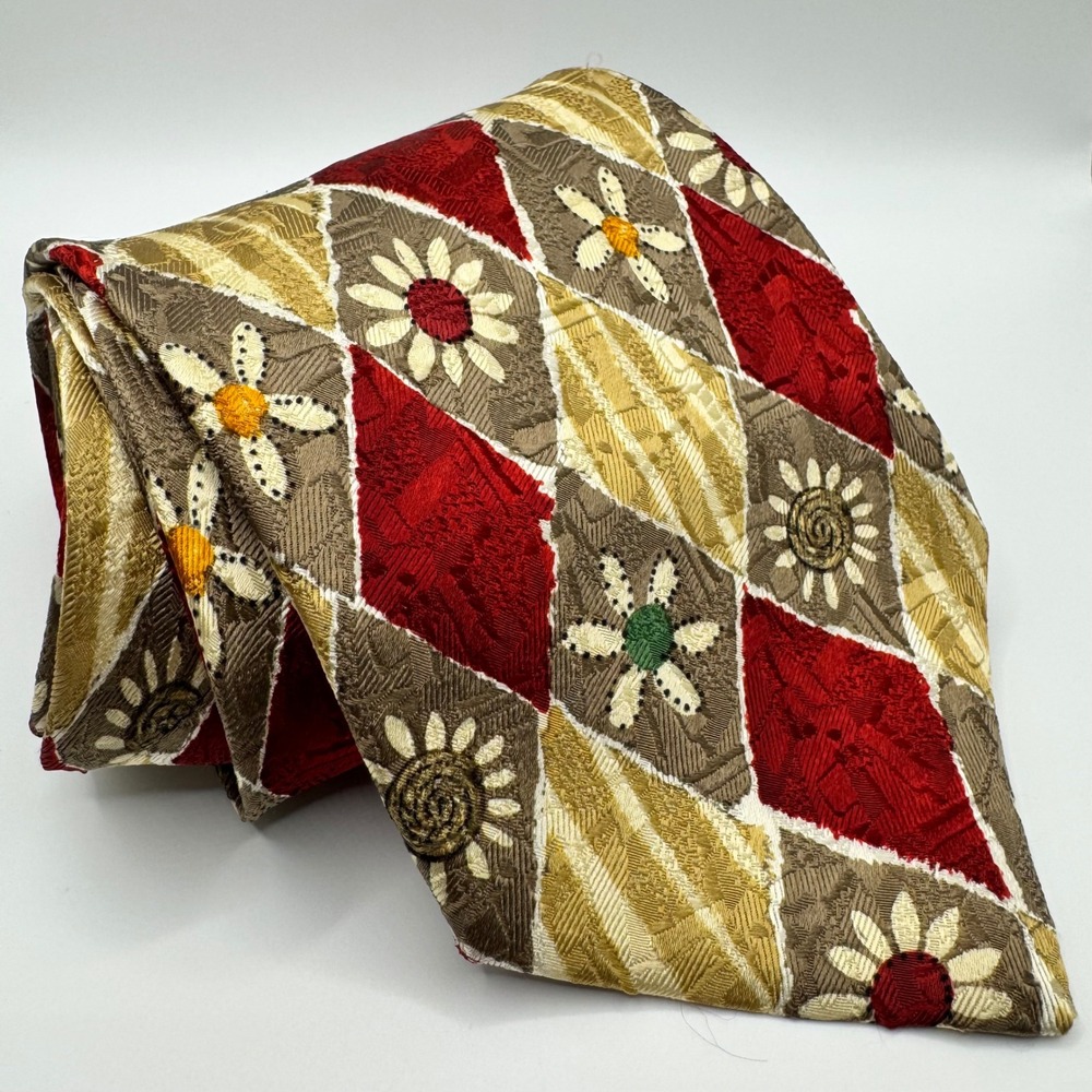 Ermenegildo Zegna Silk Tie Mens Red Gold Diamond Floral Geometric Luxury Italy
